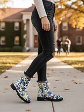 baratos Botas de combate-Botas de combate femininas com cadarço e estampa floral branca/roxa – botas casuais de cano curto com estampa floral colorida para uso diário, viagens e streetwear
