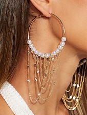 abordables Pendiente de mujer-Pendientes de aro grandes de perla para mujer con cadenas de oro en capas: joyas llamativas para atuendos de fiesta y moda de discoteca. &amp;ocasiones especiales