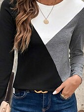 Недорогие Полосатая и геометрическая футболка-Жен. Футболка Графика Геометрический принт Винтаж Стиль Классика Длинный рукав Вырез под горло Обычные топы Повседневные С принтом Серый Весна Осень Зима