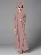 abordables Costumes-pantalons pour maman-Pantalon de mariage à la plage ensemble de 3 pièces mère de la mariée invitée de mariage formelle élégante grande taille avec encolure bateau longueur au sol manches longues enveloppe incluse avec