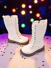 رخيصةأون بوت للأطفال-أحذية زي نجمة البوب الكورية المستوحاة من المعبودات، أحذية بيضاء طويلة حتى الركبة برباط للفتيات، أحذية أداء عصرية للرقص والعروض المسرحية