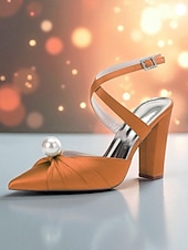 cheap Cocktail-Women&#039;s Blue Satin Block Heel Pumps with Pearl Detail and Ankle Strap - Elegant Pointed Toe Shoes for Formal Occasions and Cocktail Parties