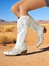 levne Cowboy &amp; Western Boots-Dámské vyšívané kovbojské kozačky do poloviny lýtek s blokovým podpatkem, boty ve westernovém stylu na večírky a festivaly