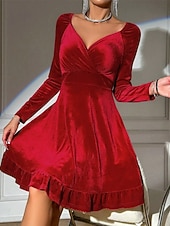 abordables Vestido Sencillo-Mujer Vestido Midi Vestido de terciopelo Vestido Cóctel Elegante Moda Moderno Diario Exterior Fiesta de Noche Ajuste regular Plano Manga Larga Escote en Pico Rojo Primavera Otoño