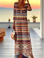 economico Abito Boho-Per donna Abito maxi Vestito T-Shirt Abito a trapezio Vacanza Casual Boho Uscire Vestibilità regolare Floreale Grafico Geometrico Manica Lunga Scollo a V Marrone chiaro Blu Marrone Primavera Autunno
