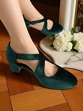  Groene fluwelen Mary Jane-pumps voor dames – retroschoenen met kruisbandjes en blokhak uit de jaren 50 voor Gatsby-feesten, cocktails en formele evenementen