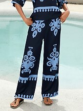 billige damebukser-Dame Unisex Bred Bukseben Bukser Slott Full lengde Bohem Designer Fritid Feriereise Avslappet Blå Sommer Vår S M L