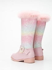 levne Dětská obuv-Dívčí duhové třpytivé kozačky pod kolena s lemem z umělé kožešiny a perleťovou sponou - třpytivé zimní boty pro děti na párty a svátky.