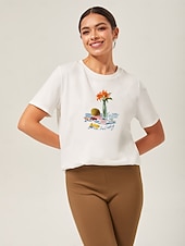 billige T-skjorter-Dame T-skjorte med blomstertrykk i bomull, hvit, kortermet, avslappet topp med rund hals, til hverdagsbruk