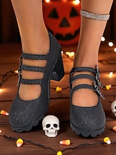 abordables Pour les femmes-Escarpins Mary Jane à talons épais pour femme, chaussures de soirée gothiques noires avec brides à boucle chauve-souris, pour déguisement, soirée et cosplay.