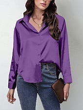  Mulheres Camisa Social Elegant Elegante Top de cetim Botões Côr Sólida à moda Casual Manga Longa Colarinho de Camisa Tops regulares Diário Para Noite Verde Claro Azul Céu Roxo Laranja Cáqui Primavera
