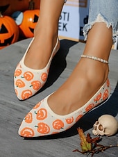 お買い得  女性向け-レディース ハロウィン ゴースト柄 ニット バレエ フラットシューズ - 休日やストリートスタイルにぴったりの軽量ポインテッドシューズ