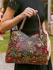 זול תיקי יד-תיק יד וינטג' לנשים מעור דמוי עור עם עיצוב פרחוני מובלט - תיק כתף רטרו אלגנטי לנשים, חתונות, מסיבות ואירועים רשמיים