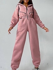 olcso nyaralás jumpsuit-Női Szabályos Jumpsuitek Utcai sikk Színes Hosszú ujj Kapucni Kollázs Cipzár Utca Napi Normál Fehér Arcpír rózsaszín Medence Ősz