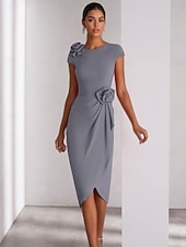 billige Cocktailkjoler-Søyle Cocktail Kjoler Elegant Formell Bryllupsgjest Ankellengde Korte Ermer Crew Hals Stretch Crepe med Skuldre Blomst