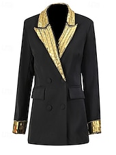 abordables Blazers et Gilets-Blazer sur mesure pour femme, veste structurée à paillettes dorées, double boutonnage, formel, élégant, revers en pointe, poche à rabat, boutons recouverts uniquement sur le dessus