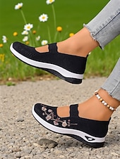 economico Sneakers da donna-sneakers da donna modello Mary Jane in Flyknit viola con ricami floreali, scarpe leggere e traspiranti per camminare e per outfit casual