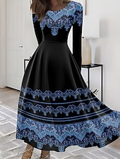 olcso Boho ruha-Női Maxiruha A vonalú ruha Fit and Flare ruha Szabadság Alkalmi Boho Parti Napi Alkalmi Normál Grafika Törzsi Hosszú ujj Terített nyak Sárga Medence Bíbor Lóhere Nyár Tavasz Ősz Tél