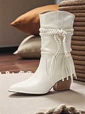 baratos Cowboy &amp; Western Boots-Botas femininas de camurça boêmia de cano médio com design de borlas trançadas e salto grosso - calçado casual estilo retrô western para festas e festivais