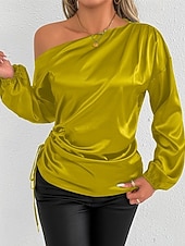 voordelige Elegante topjes-Dames Overhemd Satijnen overhemd Effen Kleur Stijlvol Casual Lange mouw koude schouder Normale tops Dagelijks Uitgaan Asymmetrisch Geel Bruin Lente Herfst
