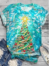 billige Juletopper-Jul Dame T skjorte Grafisk Juletre Årgang Stilfull Klassisk Kortermet Crew-hals Rund hals Vanlige topper Daglig Trykt mønster Blå Himmelblå Grønn Sommer Vår Vinter