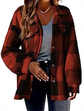 billiga Fleece-fodrade jackor-Dam Sherpajacka Vardaglig jacka Bekväm Andningsfunktion Ficka Knappar Mönster Ledigt Rutig Semester Gata Ledigt Dagliga kläder Enkelknäppt Normal Nedvikt Normal Långärmad Ytterkläder Svart Rubinrött