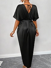 abordables Robe de cocktail-Femmes Robe Longue Maxi Robe Robe de Soirée Robe de Cocktail Robe en Satin Élégant Moderne Soirée Coupe régulière Uni Manche Courte Col en V Noir Jaune Bleu Roi Vert foncé Automne Hiver
