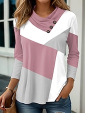billige Stripe og geometrisk t-skjorte-Dame Tunika Grafisk Geometrisk Geometri Stilfull Fritid Langermet Cowl-hals V-hals Vanlige topper Daglig Knapper Trykt mønster Rosa Himmelblå Kakifarget Vår Høst Vinter