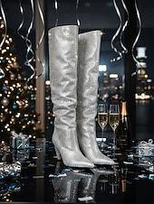 economico Stivali ampi-stivali alti fino al ginocchio con strass da donna, con punta affilata e tacco grosso, calzature scintillanti in stile slouchy per feste in città a Natale e Capodanno