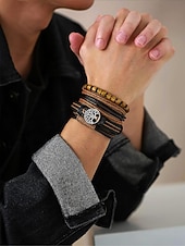 billige Menns smykker-flerlags armbåndsett i ekte skinn for menn – bohemsk perlebesatt livets tre-armbånd for uformelt bruk, fest og reiser