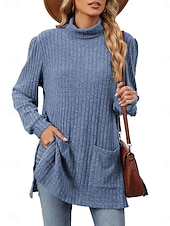 billiga Kvinnors Enfärgade Toppar-Dam Blus Ensfärgat Stylish Ledigt Långärmad Hög hals Långa toppar Dagligen Ficka Svart Rubinrött Blå Kaki Grå Vår Höst Vinter