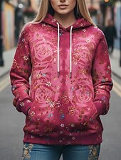 Недорогие Графический магазин Свитшоты и Худи-Жен. Pullover Худи Роуз Мода Уличный стиль На каждый день Длинный рукав Капюшон Обычные топы На каждый день Повседневные Спорт Кулиска Карман С принтом Красный Пурпурный Весна Осень
