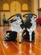 baratos Sapatos de Dança Latina-Sapatos de dança latina pretos com strass para mulheres - saltos brilhantes para festas de salão com tira no tornozelo para salsa, rumba e eventos noturnos