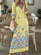 preiswerte Blumenkleider-Damen Maxikleid A Linie Kleid Lässig Täglich Lässiger Schnitt Blumen Langarm V Ausschnitt Gelb Wein Rote Blau Frühling Herbst