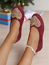 cheap Women&#039;s Christmas Shoes-Women&#039;s Burgundy Faux Suede Flats with Sparkly Heart Rhinestone Design – Chic Dress Shoes for Ladies, Great for Christmas Parties and Daily Outfits