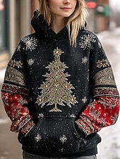 cheap Christmas Hoodies &amp; Sweatshirts-Women&#039;s Pullover Hoodie Sweatshirt Graphic Christmas Tree Tribal Casual Long Sleeve Hooded Regular Tops Party Evening Wear Street Dailywear Black Spring Fall Winter