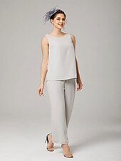 abordables Costumes-pantalons pour maman-Tailleur trois pièces Mère de la mariée Élégant Grande taille Longueur de sol Chiffon Sans manches Enveloppée avec couleur unie pour impressionner taille personnalisée gratuite