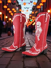 お買い得  女性向け-女性用ハロウィンスケルトン刺繍カウボーイブーツ - コスチュームパーティー、不気味なフェスティバル、夜のストリートスタイルに最適なゴシックウエスタンロングブーツ