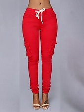 baratos Calças Skinny Femininas-Mulheres chinês calças justas Moda Roupa de rua Casual Comprimento total Cintura Alta Tecido Com Cordão Bolsos Confortável Macio Micro-Elástica Ao ar livre Rua Branco Verde Tropa Vermelho Verão