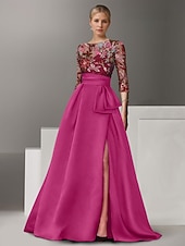 economico Abiti da Sera a Linea A-Abito da Sera A-Line Ricamato Floreale Elegante Formale Matrimonio Lungo Fino al Pavimento Mezza Manica Collo a Camicia di Satin con Fiocco(e) Spacco