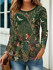 Women's T Shirt Floral Graphic Plants Vintage Stylish Classic Long Sleeve Crew Neck Round Neck Regular Tops Daily Print Green Spring Fall Winter3