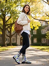 baratos Botas de combate-Botas de combate femininas com cadarço e estampa floral branca/roxa – botas casuais de cano curto com estampa floral colorida para uso diário, viagens e streetwear