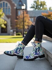 baratos Botas de combate-Botas de combate femininas com cadarço e estampa floral branca/roxa – botas casuais de cano curto com estampa floral colorida para uso diário, viagens e streetwear