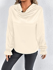 Недорогие Нарядные блузки-Жен. Рубашка Elegant Нарядный Атласный верх Драпировка Сплошной цвет Стиль На каждый день Длинный рукав Вырез-хомут Обычные топы Повседневные На выход Черный Розовый Зеленый Абрикосовый Весна Осень