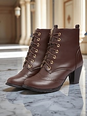 abordables Années 1950-Bottines brogues à lacets marron vintage années 1950 pour femmes – bottines à talons ronds en similicuir pour tenues rétro, tenues de tous les jours et mode automnale