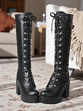 abordables Bottes de combat-Bottes à lacets blanches à plateforme pour femmes, hauteur genou, avec talon carré et bride à boucle - Chaussures de mode rétro pour les fêtes, le cosplay et les soirées