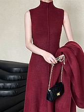preiswerte Einfarbige Farben-Damen Langes Kleid Maxikleid Strickkleid Freizeitkleid Kleid-Set Elegant Mode Modern Outdoor Täglich Ausgehen Normale Passform Einfach Langarm Hoher Ausschnitt Stehkragen Rote Winter Herbst