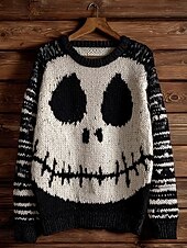 Halloween Women's Sweater Monster Cute Streetwear Casual Graphic Animal Crew Neck Patchwork Knitted Long Sleeve Regular Tops Knit Work Black+White+Gray Ginger Fall Winter4