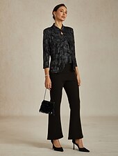 billige Jakker-Dame Bluse Dressy topper Elegant Stilfull 3/4 ermer Kinesisk Krave Vanlige topper Bryllupsgjest Arbeid Formell klær Svart Høst Vinter