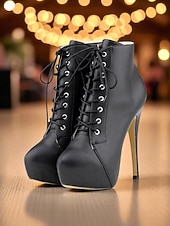 baratos Festa da Vida Noturna-Botas femininas plataforma de couro sintético bege com cadarço - sapatos de festa com salto alto e salto agulha para vida noturna e balada